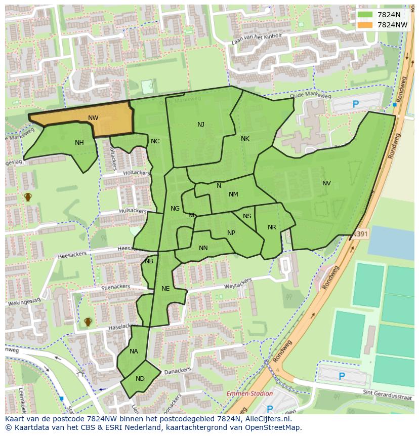 Afbeelding van het postcodegebied 7824 NW op de kaart.