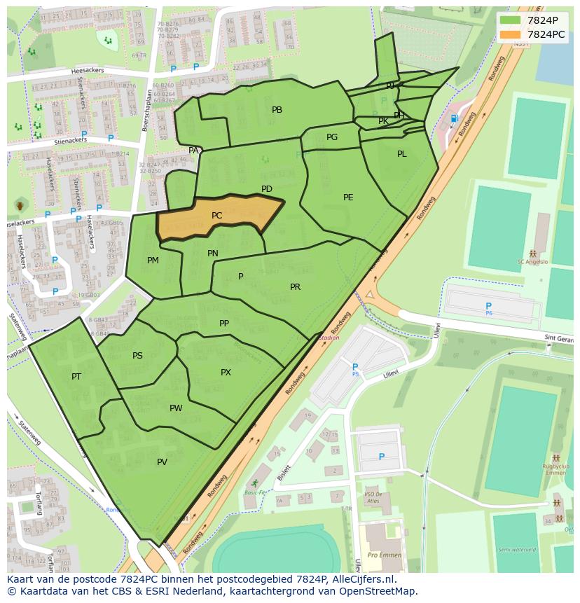Afbeelding van het postcodegebied 7824 PC op de kaart.
