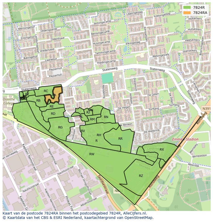 Afbeelding van het postcodegebied 7824 RA op de kaart.