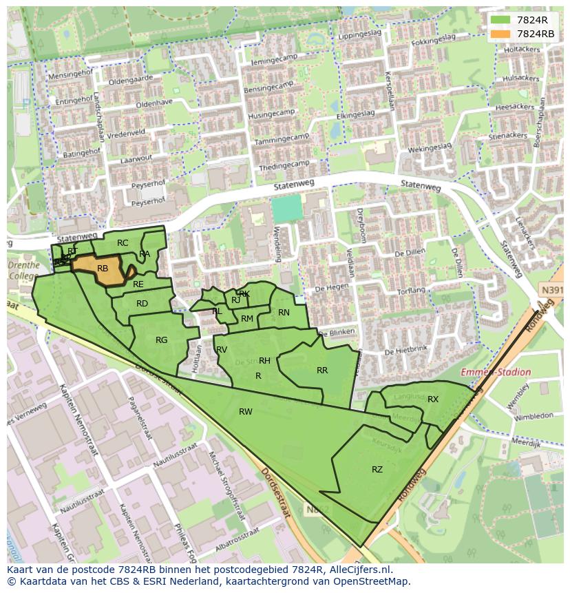 Afbeelding van het postcodegebied 7824 RB op de kaart.