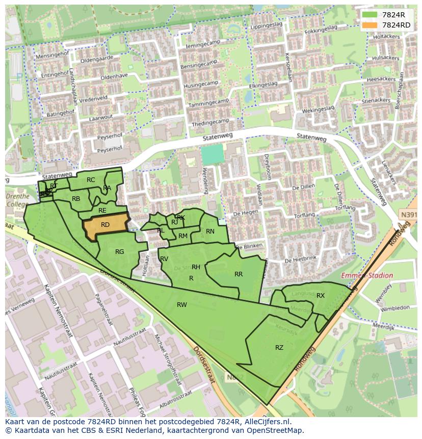 Afbeelding van het postcodegebied 7824 RD op de kaart.