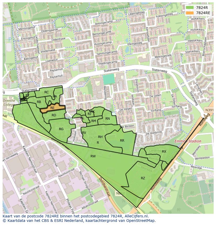 Afbeelding van het postcodegebied 7824 RE op de kaart.