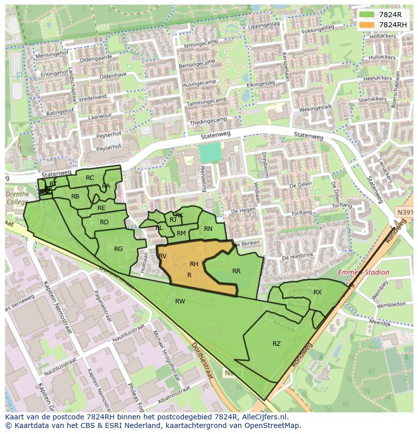Afbeelding van het postcodegebied 7824 RH op de kaart.
