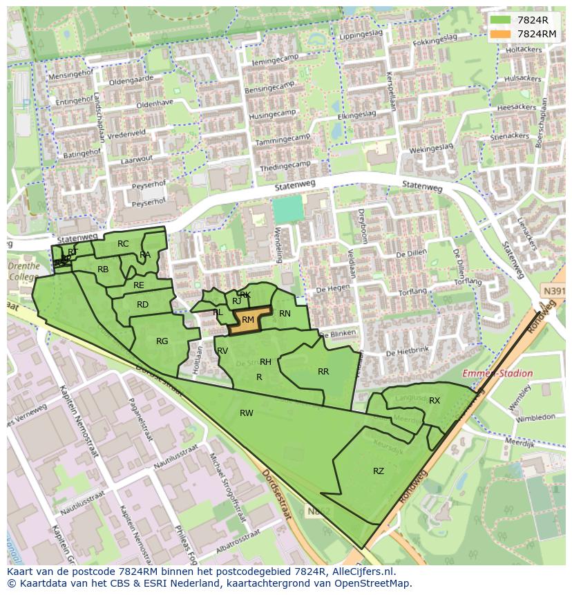 Afbeelding van het postcodegebied 7824 RM op de kaart.