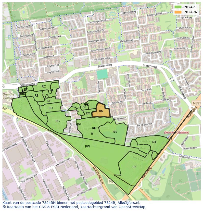 Afbeelding van het postcodegebied 7824 RN op de kaart.