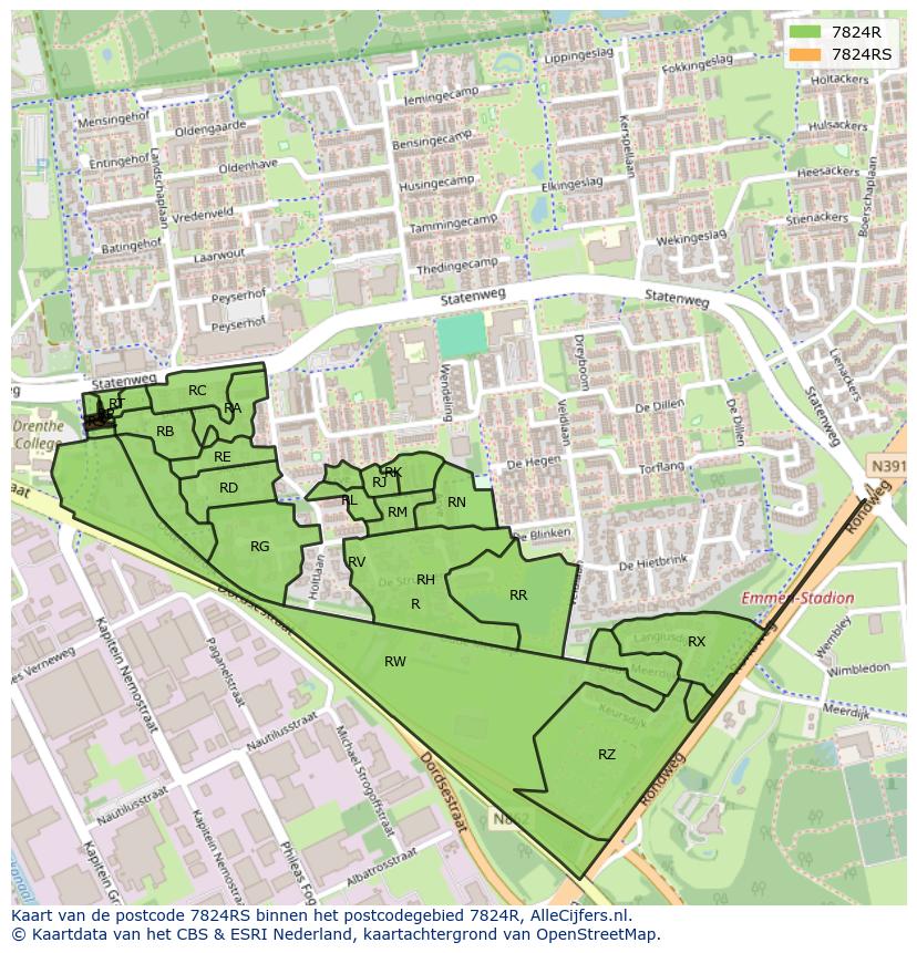 Afbeelding van het postcodegebied 7824 RS op de kaart.