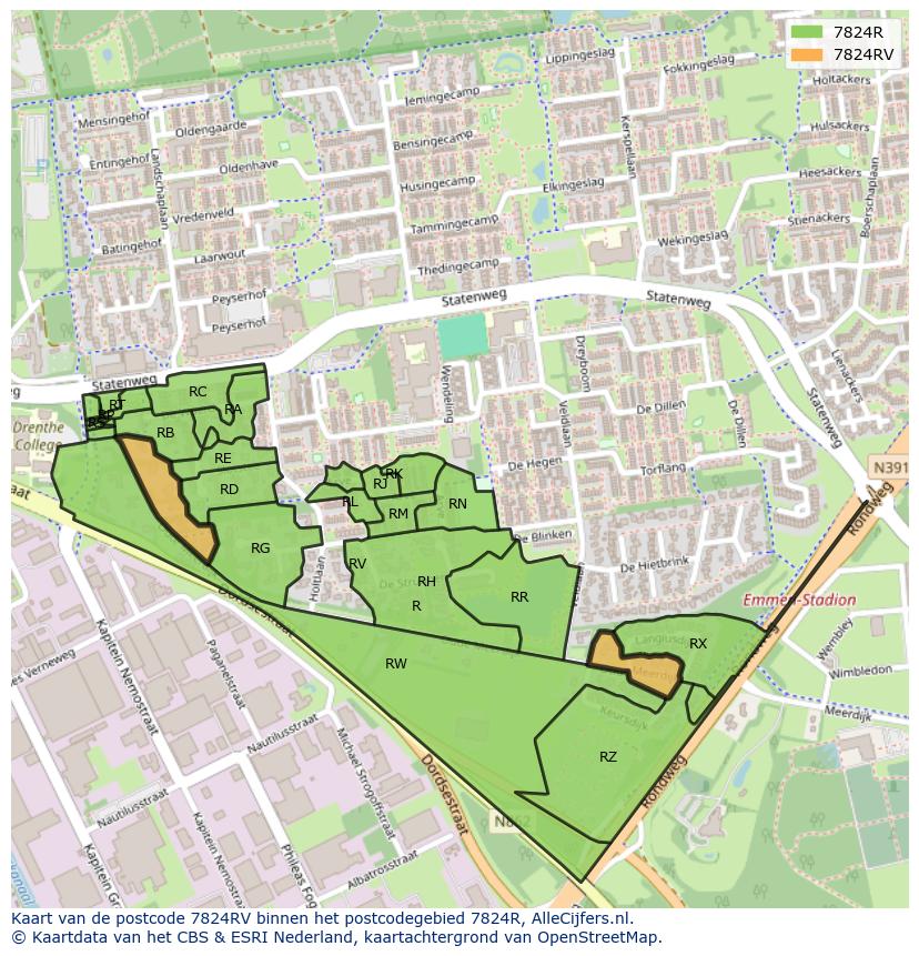 Afbeelding van het postcodegebied 7824 RV op de kaart.