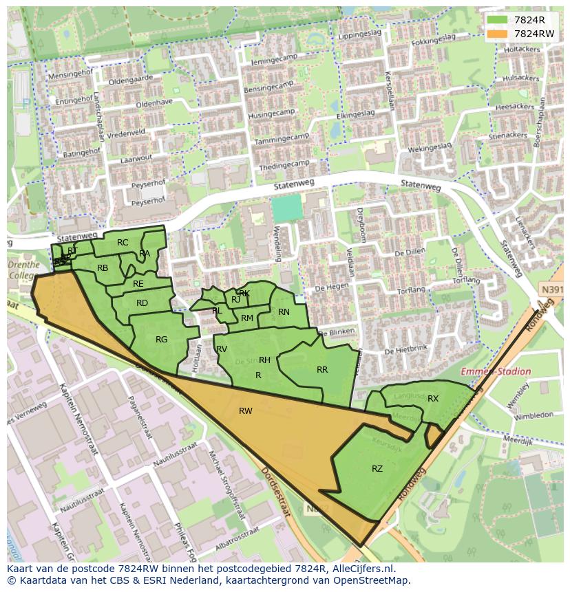Afbeelding van het postcodegebied 7824 RW op de kaart.