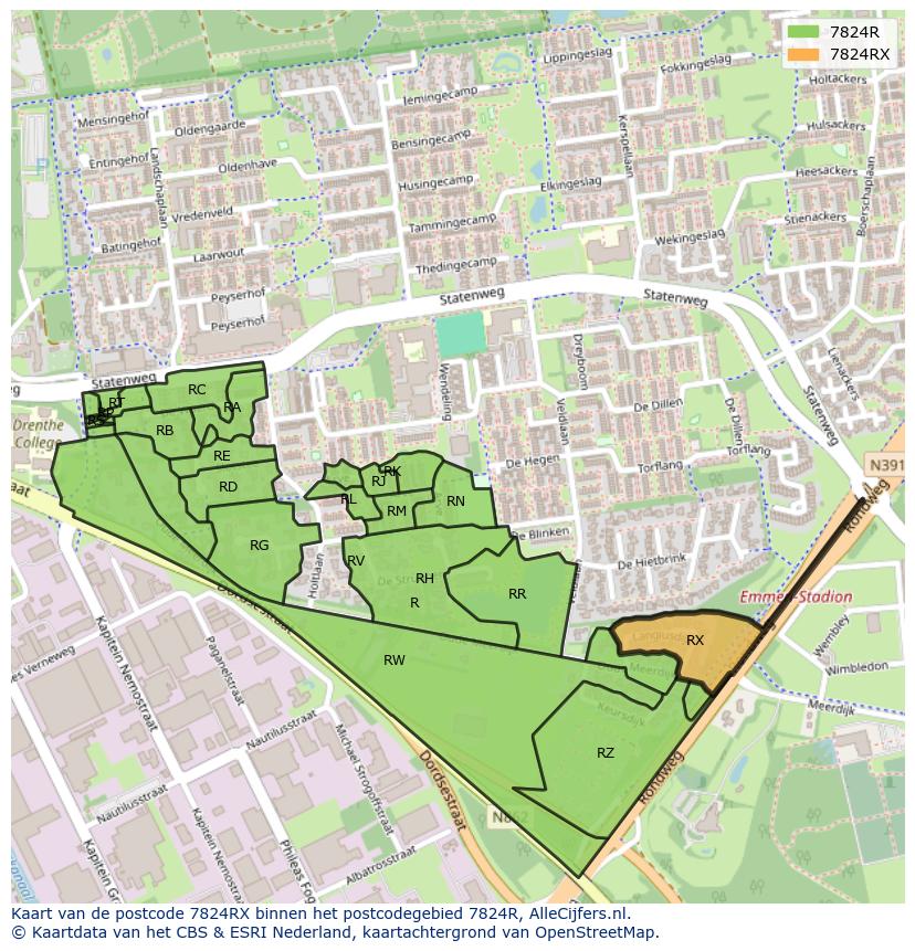 Afbeelding van het postcodegebied 7824 RX op de kaart.