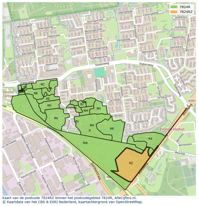 Afbeelding van het postcodegebied 7824 RZ op de kaart.