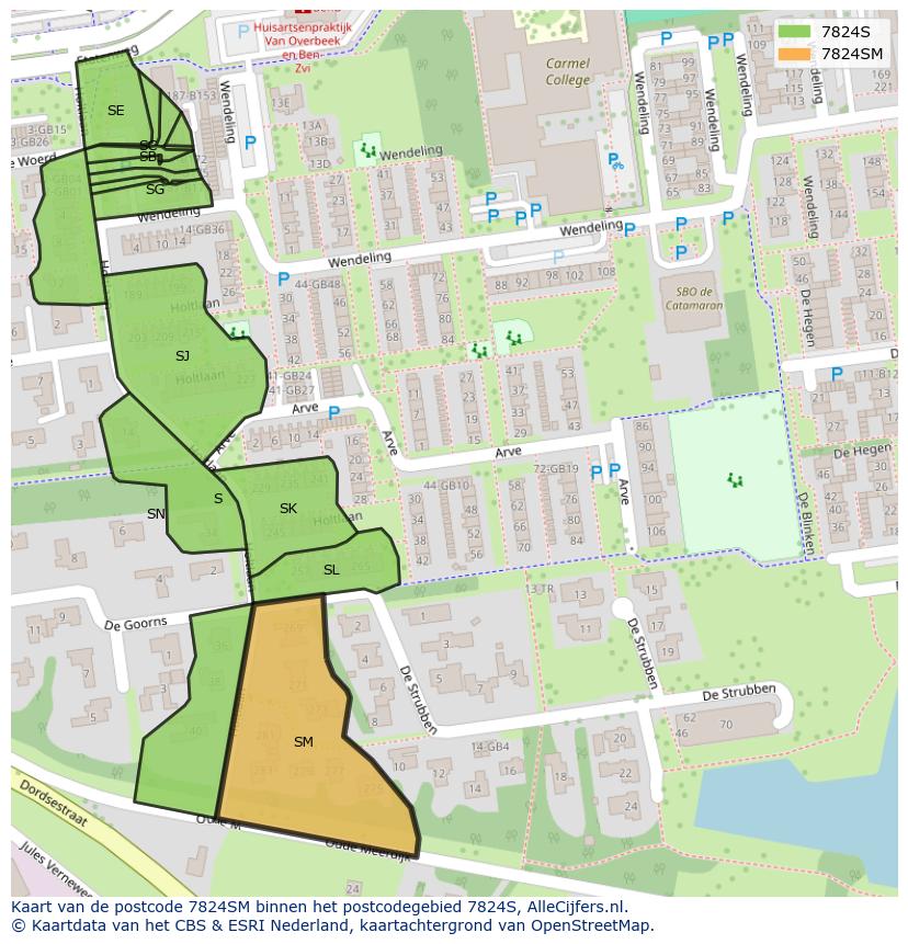 Afbeelding van het postcodegebied 7824 SM op de kaart.