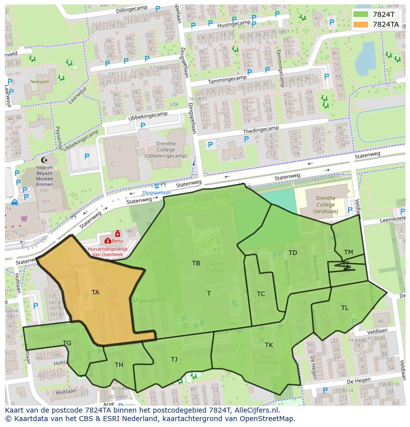 Afbeelding van het postcodegebied 7824 TA op de kaart.
