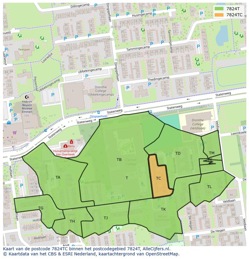 Afbeelding van het postcodegebied 7824 TC op de kaart.
