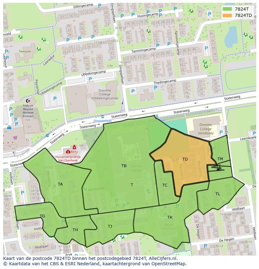 Afbeelding van het postcodegebied 7824 TD op de kaart.