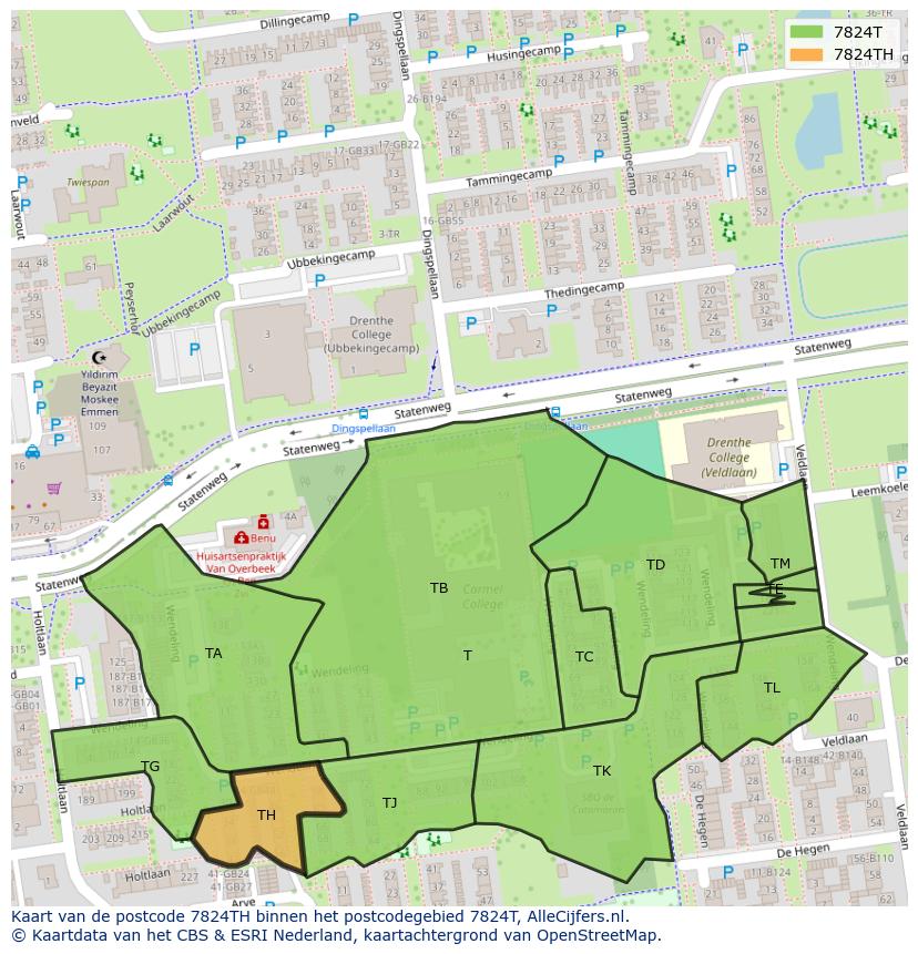 Afbeelding van het postcodegebied 7824 TH op de kaart.