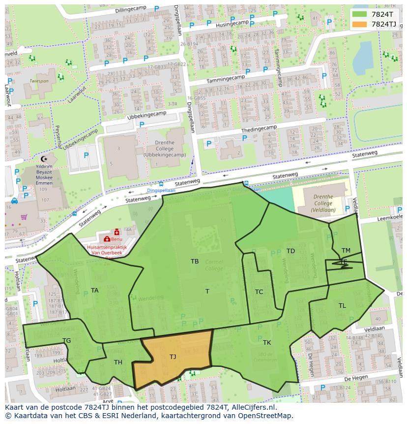 Afbeelding van het postcodegebied 7824 TJ op de kaart.