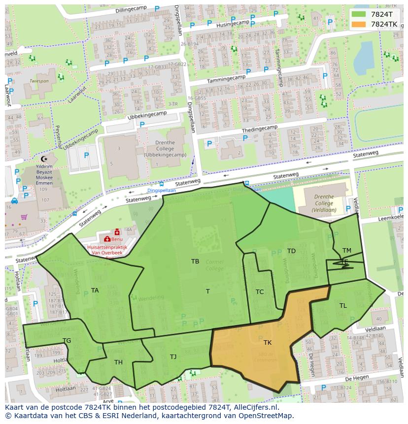 Afbeelding van het postcodegebied 7824 TK op de kaart.