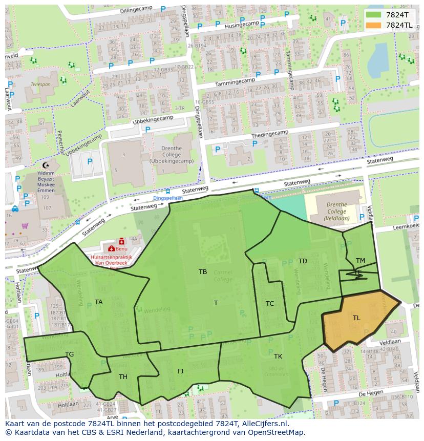 Afbeelding van het postcodegebied 7824 TL op de kaart.