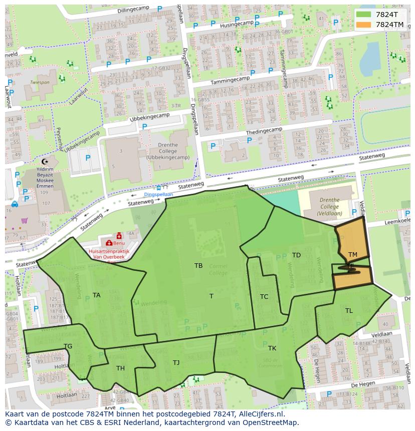 Afbeelding van het postcodegebied 7824 TM op de kaart.