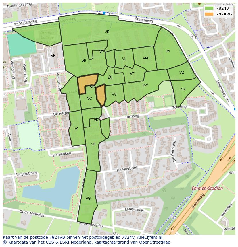 Afbeelding van het postcodegebied 7824 VB op de kaart.