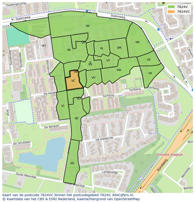 Afbeelding van het postcodegebied 7824 VC op de kaart.