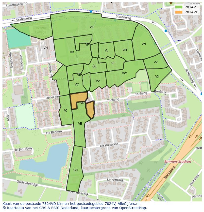 Afbeelding van het postcodegebied 7824 VD op de kaart.