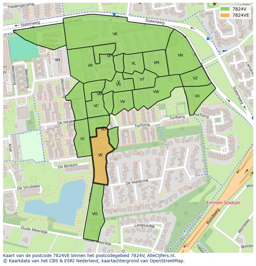 Afbeelding van het postcodegebied 7824 VE op de kaart.