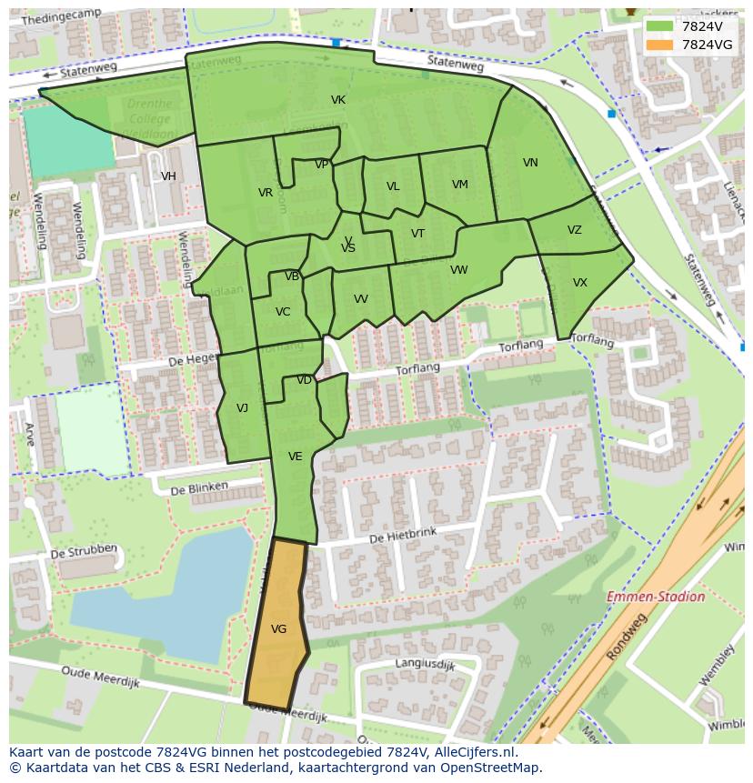 Afbeelding van het postcodegebied 7824 VG op de kaart.