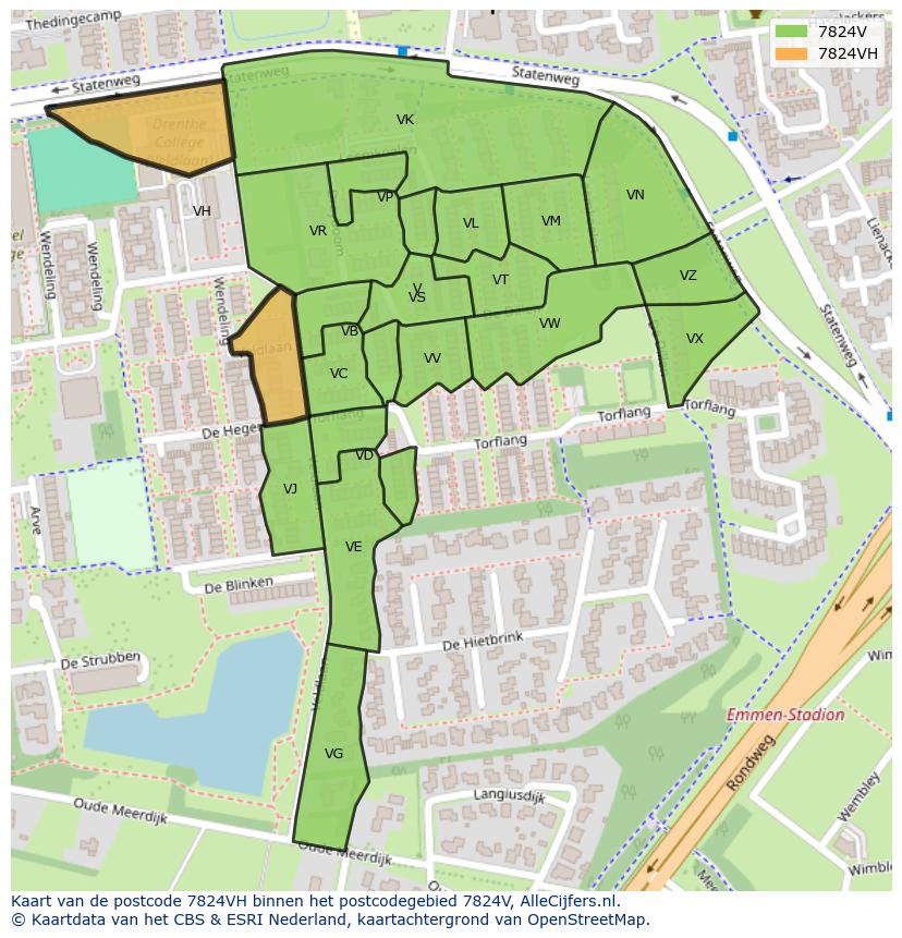 Afbeelding van het postcodegebied 7824 VH op de kaart.