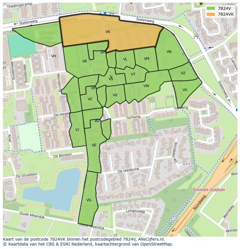 Afbeelding van het postcodegebied 7824 VK op de kaart.