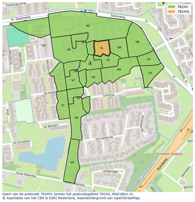 Afbeelding van het postcodegebied 7824 VL op de kaart.