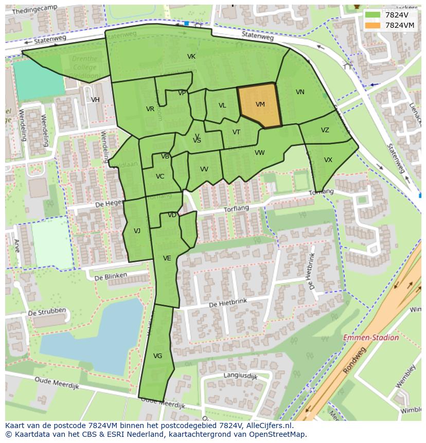 Afbeelding van het postcodegebied 7824 VM op de kaart.