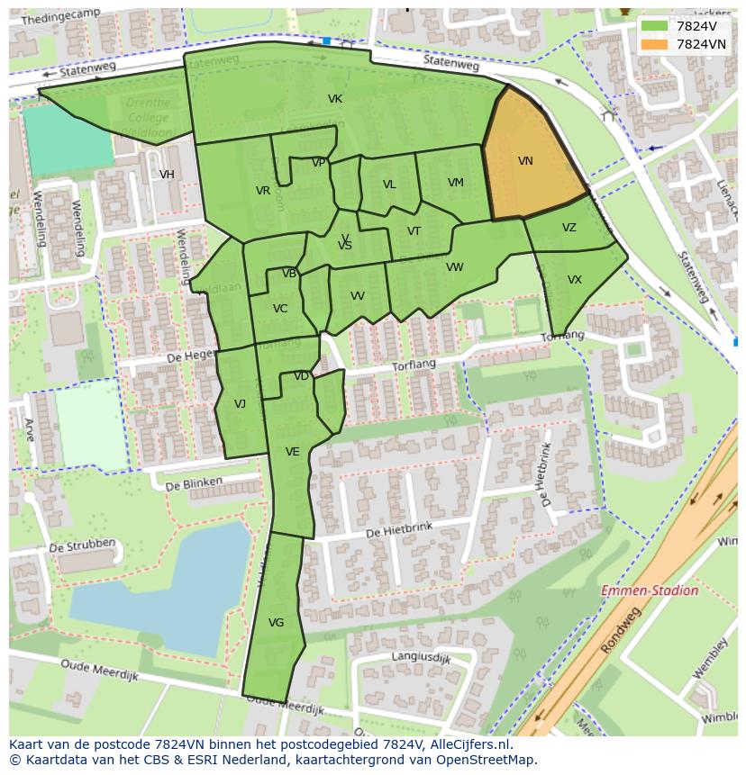 Afbeelding van het postcodegebied 7824 VN op de kaart.