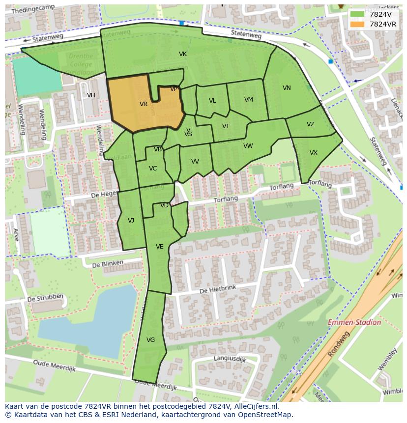 Afbeelding van het postcodegebied 7824 VR op de kaart.