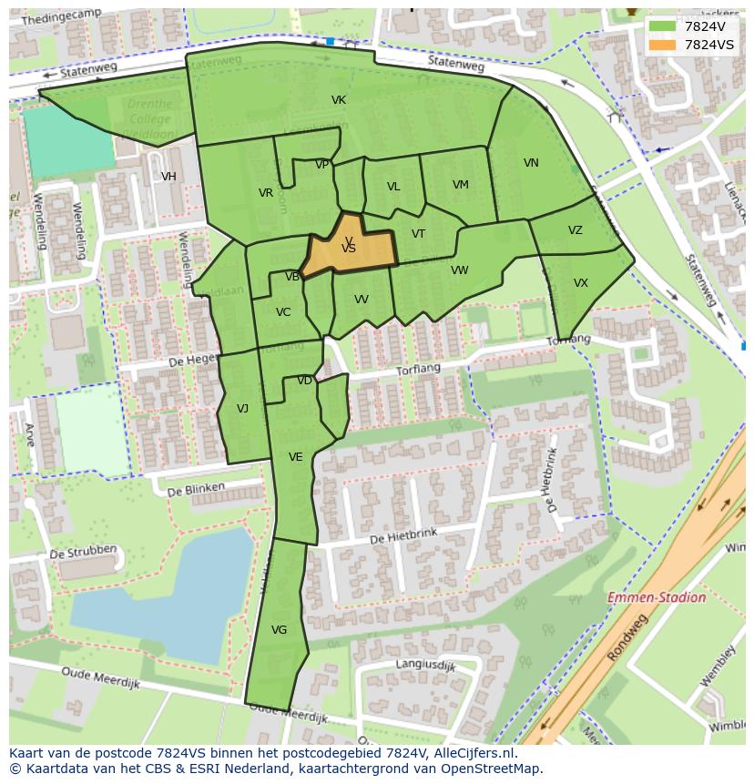 Afbeelding van het postcodegebied 7824 VS op de kaart.