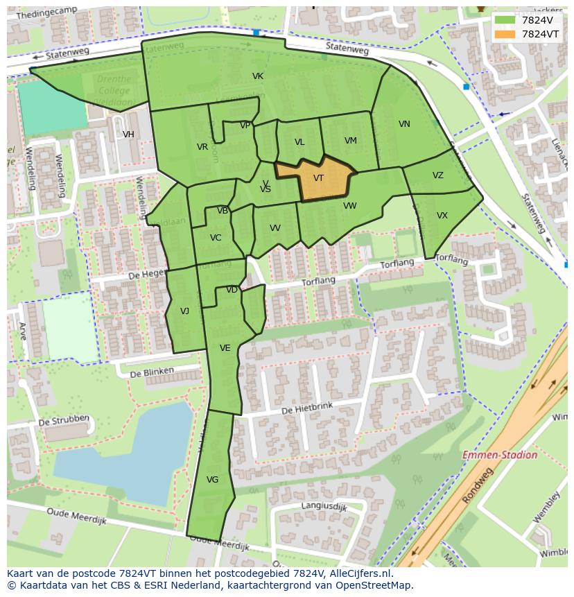 Afbeelding van het postcodegebied 7824 VT op de kaart.