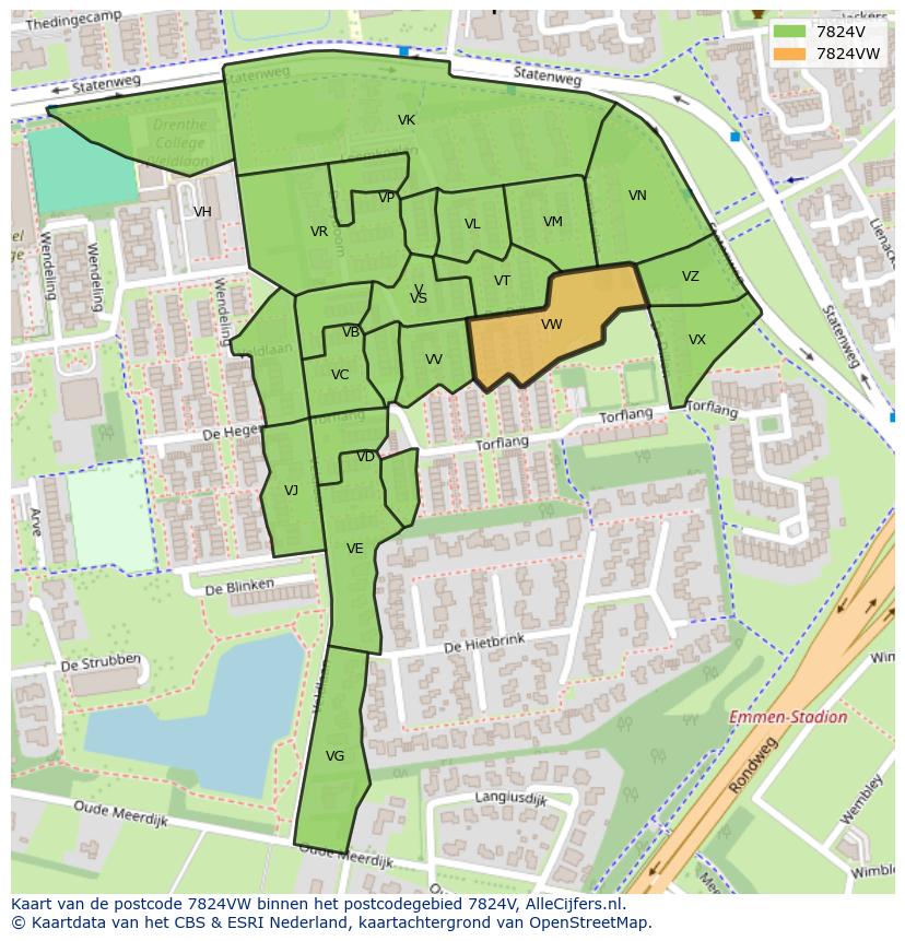 Afbeelding van het postcodegebied 7824 VW op de kaart.