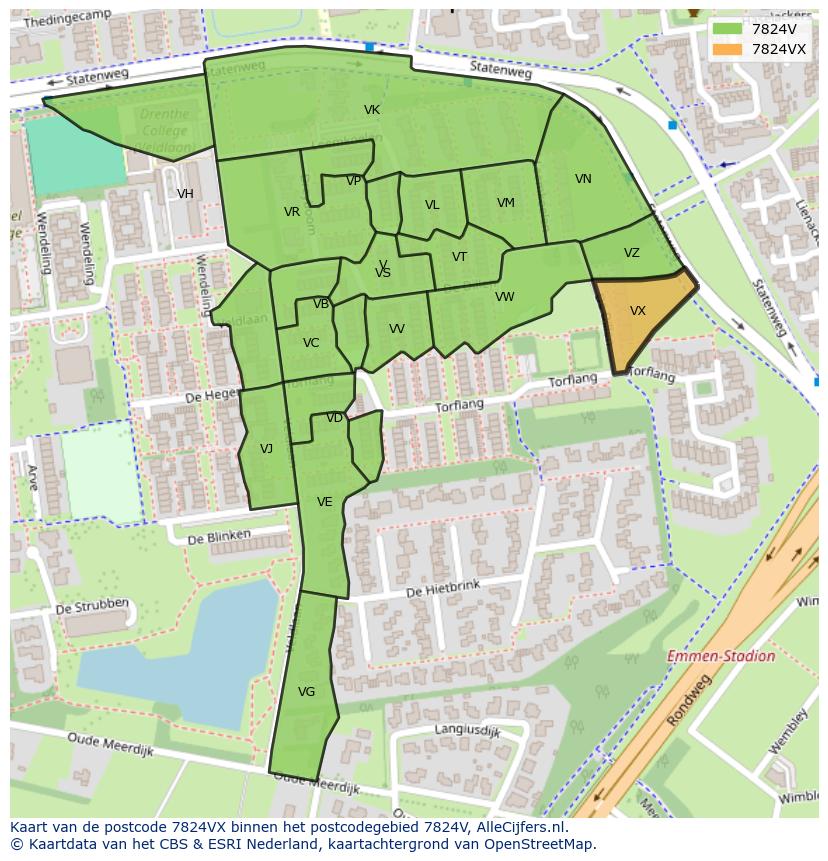 Afbeelding van het postcodegebied 7824 VX op de kaart.