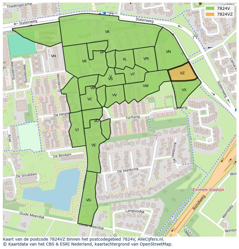 Afbeelding van het postcodegebied 7824 VZ op de kaart.