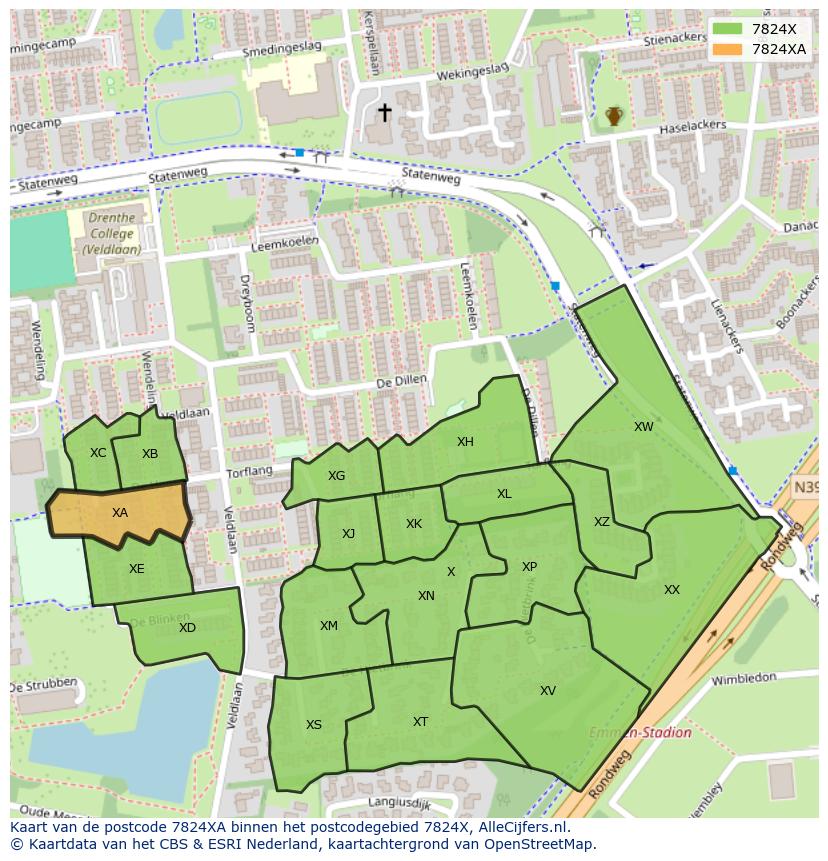 Afbeelding van het postcodegebied 7824 XA op de kaart.