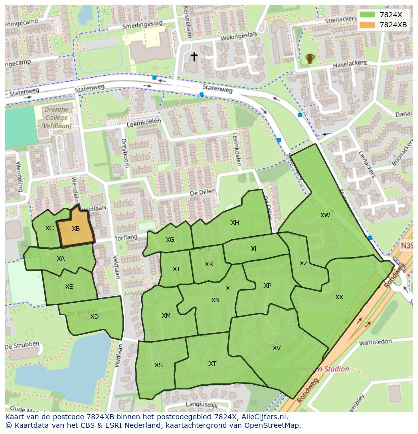 Afbeelding van het postcodegebied 7824 XB op de kaart.