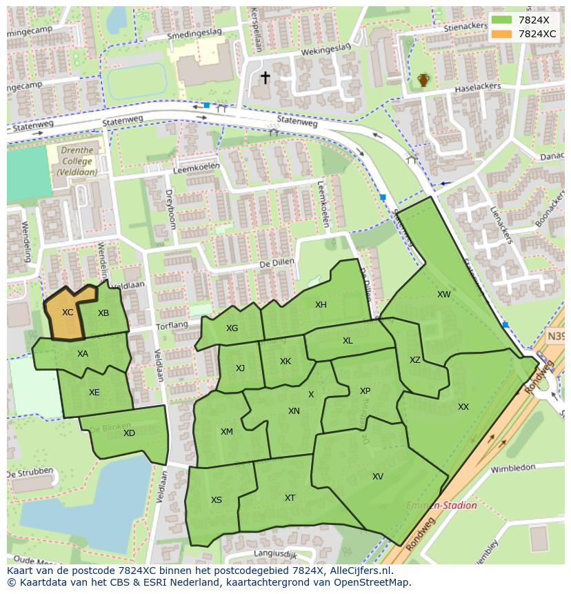 Afbeelding van het postcodegebied 7824 XC op de kaart.