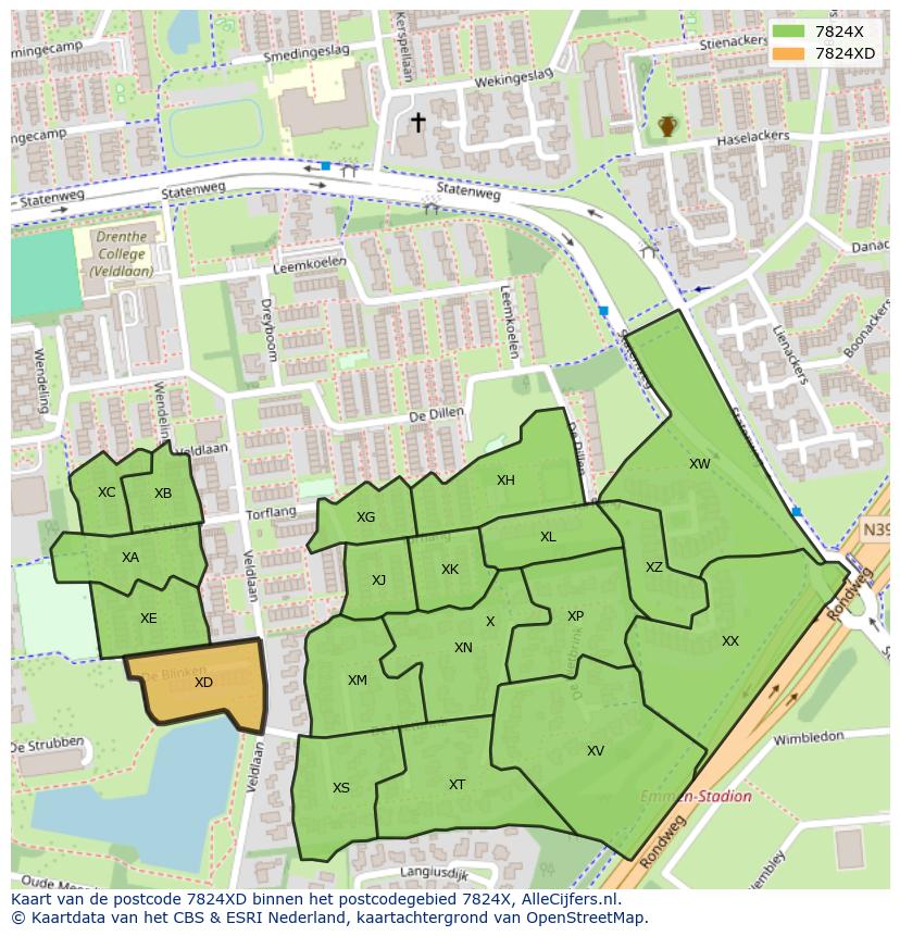 Afbeelding van het postcodegebied 7824 XD op de kaart.