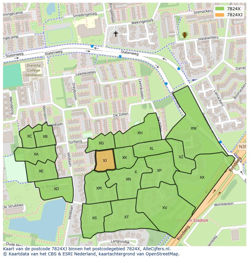 Afbeelding van het postcodegebied 7824 XJ op de kaart.