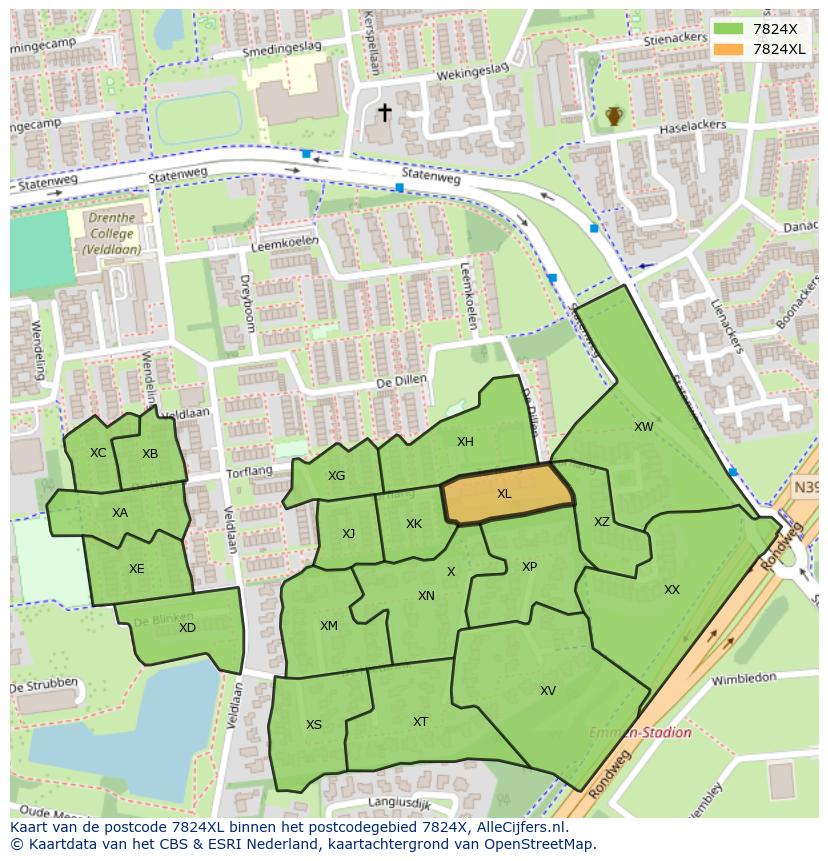 Afbeelding van het postcodegebied 7824 XL op de kaart.