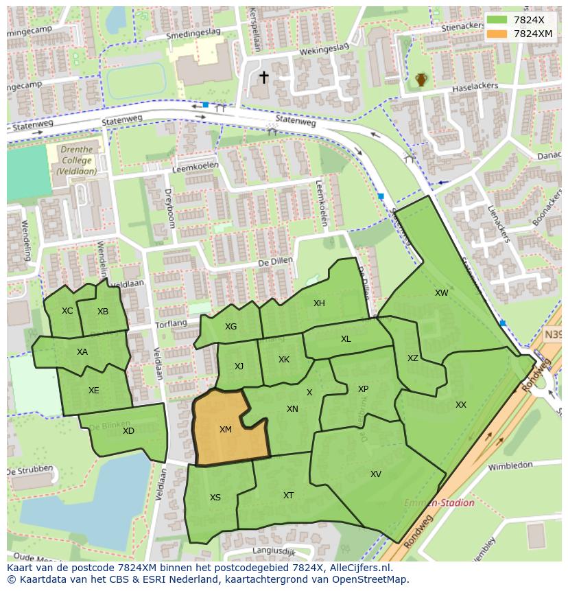 Afbeelding van het postcodegebied 7824 XM op de kaart.
