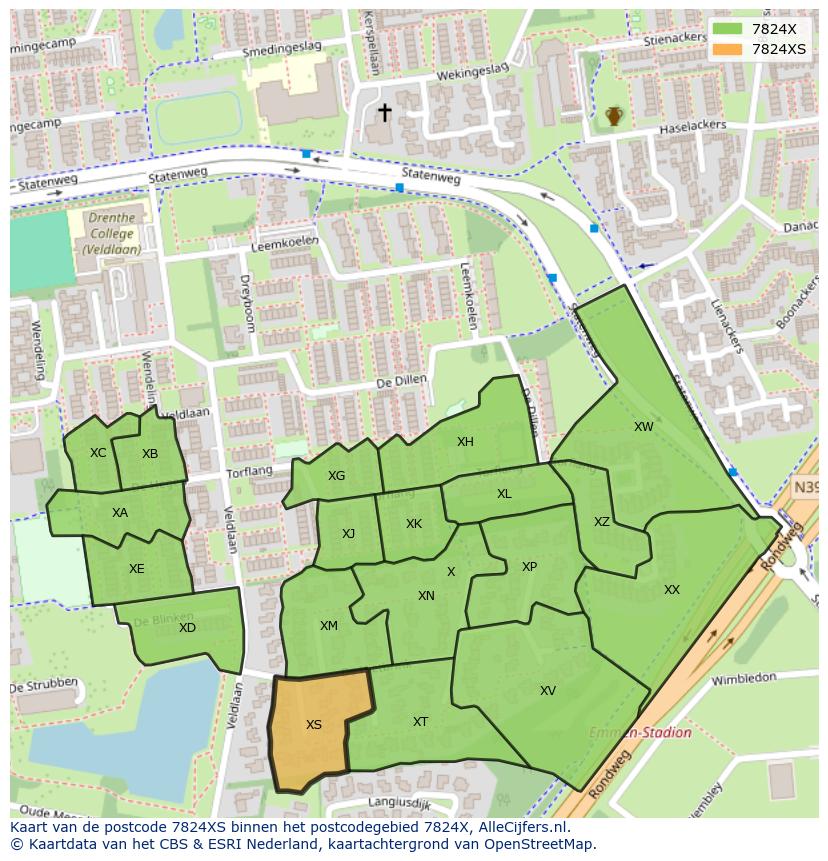 Afbeelding van het postcodegebied 7824 XS op de kaart.