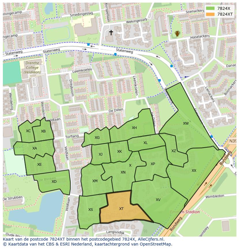 Afbeelding van het postcodegebied 7824 XT op de kaart.