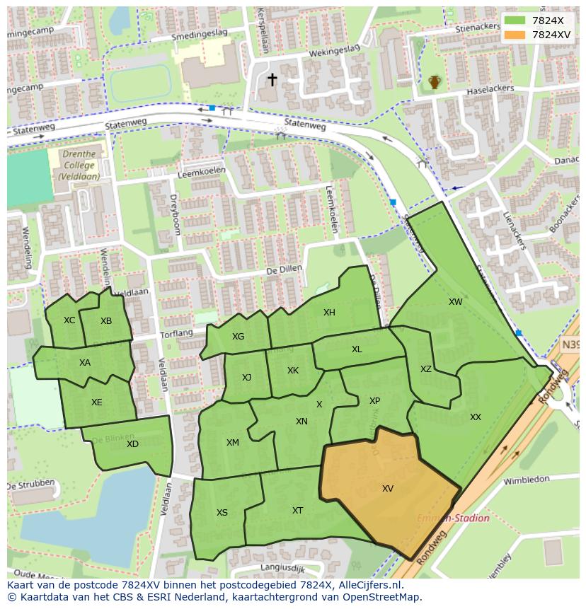 Afbeelding van het postcodegebied 7824 XV op de kaart.
