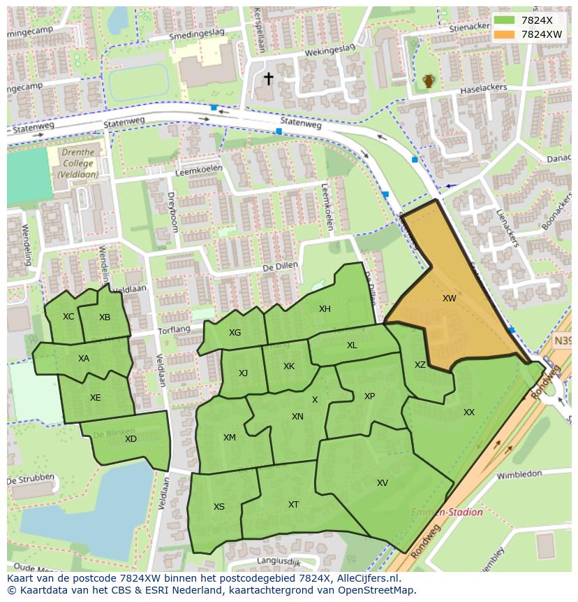 Afbeelding van het postcodegebied 7824 XW op de kaart.